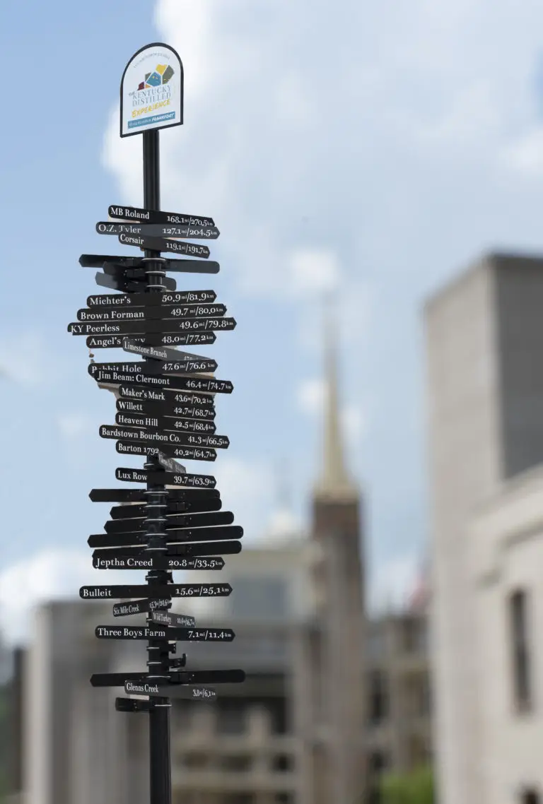 tall pole with signs of surrounding Bourbon distilleries