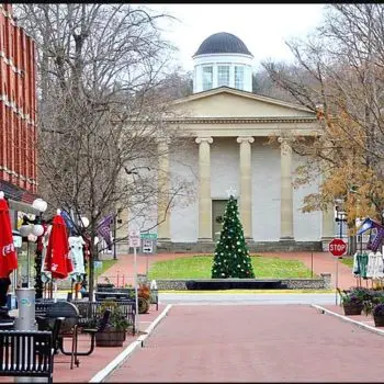 Old Capitol building with Christmas tree in lawn