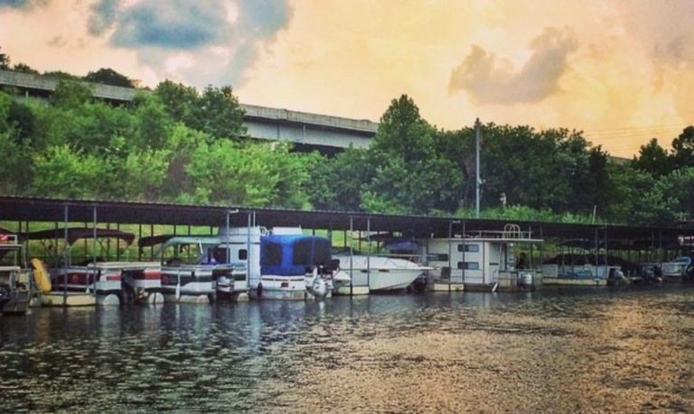 KY River in foreground, Benson Marina to the left. Colorful sky