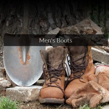 pic of men work boots, rock, and shovel