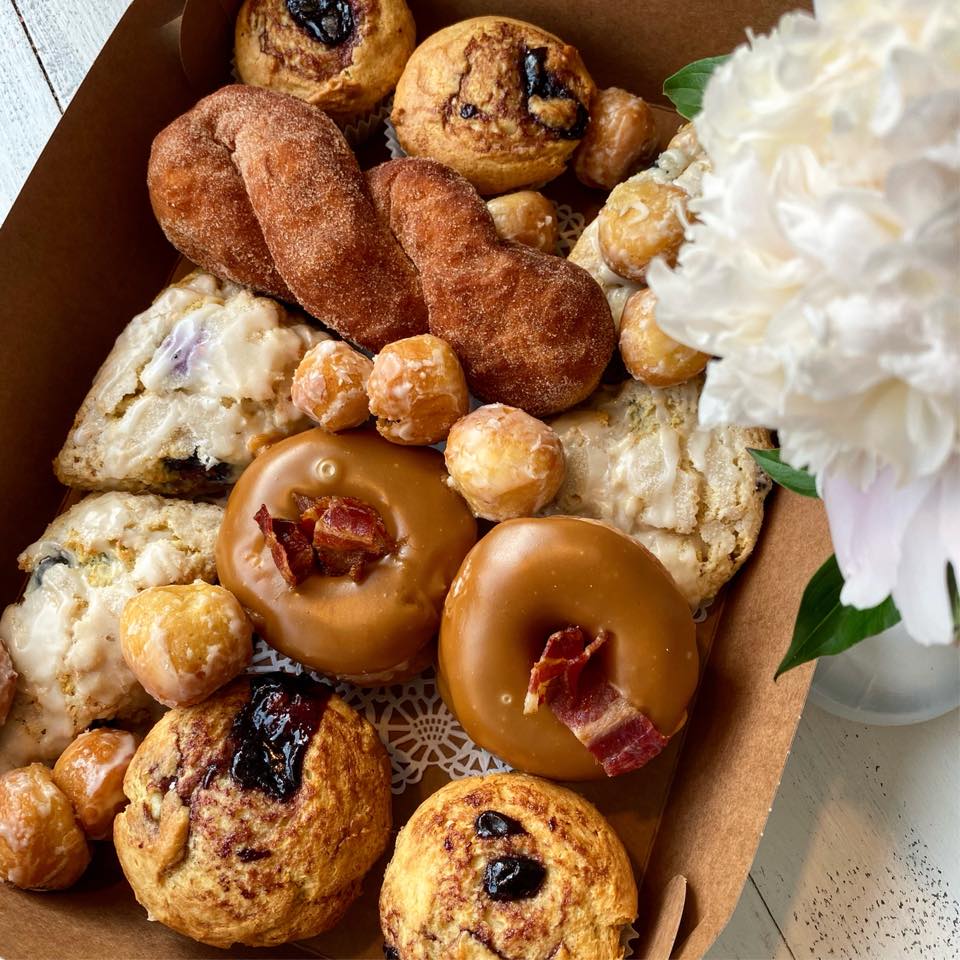 Box of varied doughnuts from B's Bakery