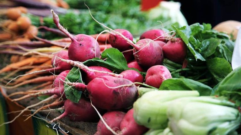 fresh radishes and leafy vegetables