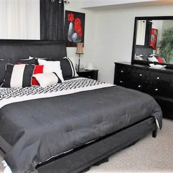 king bed in black, grey, red color scheme