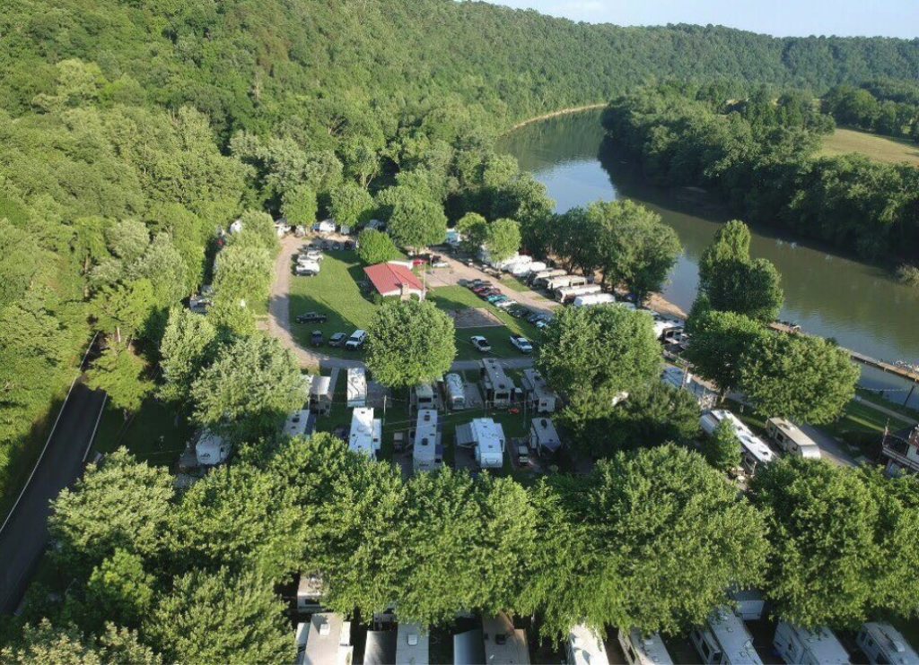 areal view of campground and winding river