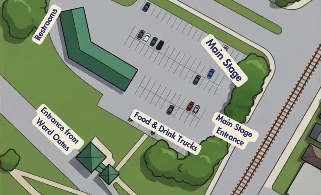 Map of main stage, Bourbon on the Banks Pavilion, Liberty Hall-er America 250 Music Festival