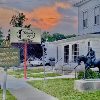 Rebecca ruth candy factory storefront with sunset Rebecca ruth candy factory storefront with sunset