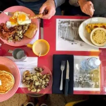 Overhead shot of several meals from Rick's White Light Diner
