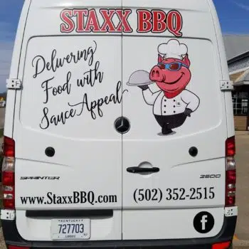 Staxx BBQ catering truck. Back of the truck says Staxx BBQ catering truck. Back of the truck says