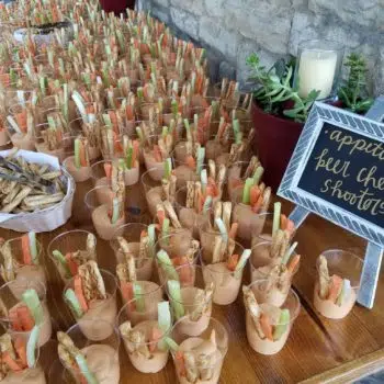 Appetizer table at event, beer cheese shooters Appetizer table at event, beer cheese shooters