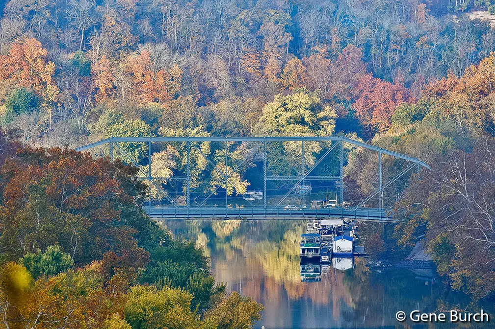 THe "singing Bridge" in Frankfort with Fall foliage all around and boats on the river.